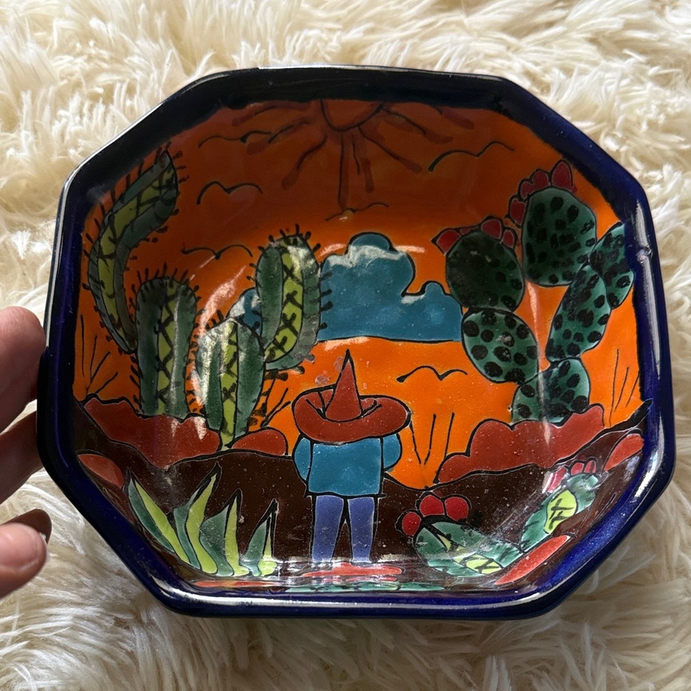Hand-Painted Ceramic Desert Bowl in Orange, Blue & Green
